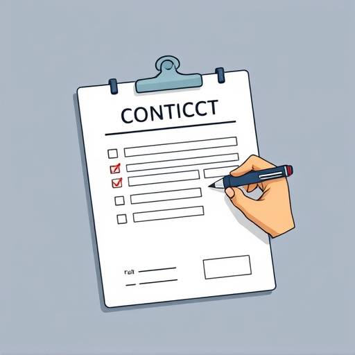 Illustrazione di un modulo di contatto con una penna e una persona che compila un modulo