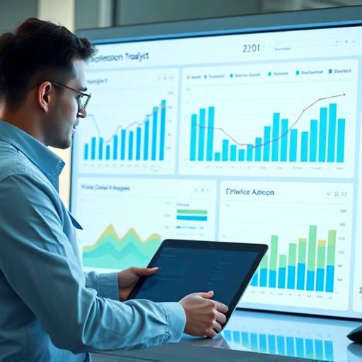 Un analista che valuta i dati di performance su un dashboard, evidenziando trend e aree di miglioramento