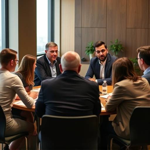 Un gruppo di dirigenti che partecipa a un workshop sullo sviluppo della leadership, collaborando e discutendo strategie.