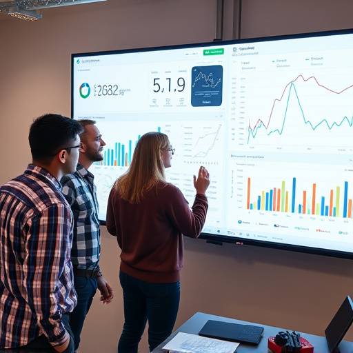 Un team che analizza dati aziendali su un grande schermo, focalizzandosi su grafici e tabelle